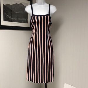 Women’s Dress Forum Black Orange White Stripes Sheath Midi Dress Size M